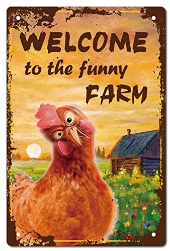 CREATCABIN Bienvenido A The Funny Farm Sign Chicken Metal Tin Signs Retro Vintage Wall Decor Art Mural Hanging Iron Painting Placa Póster Farmhouse Garden Bar Club Door Yard Decoraciones 8x12 Pulgada