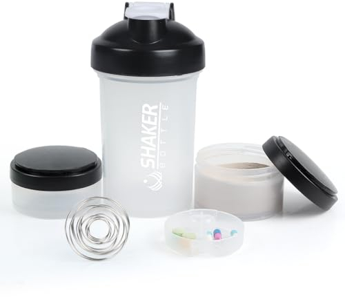 VECH Shaker Shaker de 473,6 g avec réservoir de poudre et pilulier pour salle de sport et entraînement, bouteille d'eau portable étanche avec boule de mélange en acier inoxydable, sans BPA (blanc)