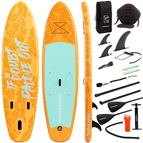 InnovaGoods® Tabla Paddle Surf Hinchable, Paddle Surf 10,5 Superficie Antideslizante, Padel Surf Hinchable con Remo Desmontable, Tabla Paddle Surf con Kit Especial de Accesorios y Silla Desmontable