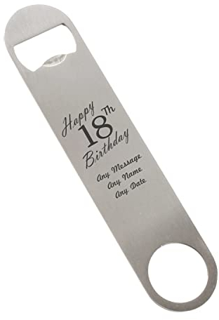 Personalised Engraved Large Stainless Steel Bar Blade, Durable Bottle Opener, Happy 18th Birthday Design, Birthday Gift, Gift for Him, Birthday, Home Bar Accessory, Engraved in The UK