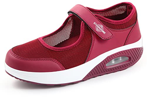 STUNAHOME Women Mary Jane Sneakers Breathable Mesh Air Cushion Comfortable Lightweight Casual Walking Shoes Maroon