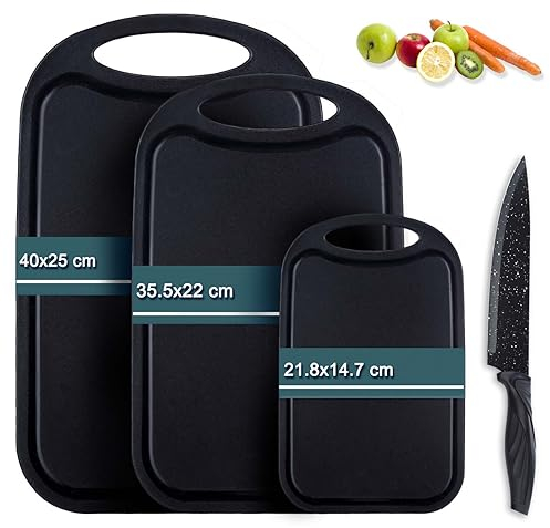 hunnycook - Tabla de cortar de plástico, 3 piezas, con cuchillo y ranura para zumo, antibacteriana, tablas de cortar y desayuno, de plástico negro, sin BPA, apta para lavavajillas