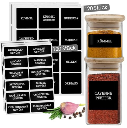 Gewürzetiketten Selbstklebend – 240 Sticker für Gewürzgläser & Gewürzdosen - Wasserfeste Gewürzaufkleber - Spice Jar Label - Beschriftete Etiketten für Küchenorganisation - Rechteckig Schwarz