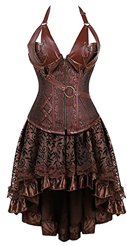 Steampunk Damen Corsagenkleid, Gothic Korsett Damen Bauchweg,Corsage Damen Kleid Piraten Bustier Spitzen Rock und Oberteil für Halloween Kostüm Karneval Mittelalter Palast Cosplay Punk Kleidung