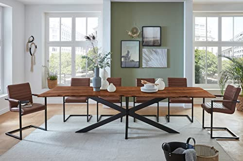 SAM Baumkantentisch 300 x 100 cm Clara, Akazienholz nussbaumfarben & massiv, Esstisch mit schwarzem Spider-Metallgestell, Tischplatte 26 mm, Esszimmertisch