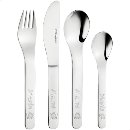 Kinderbesteck mit Gravur Schmetterling + Name 4tlg personalisiert mit Namensgravur - Gravurbesteck Geburtsbesteck Taufgeschenk