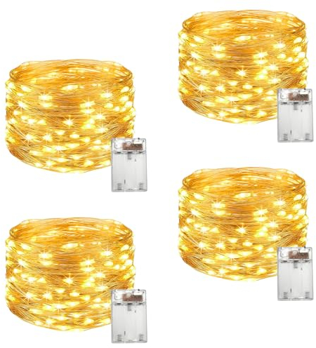 RISVOWO Guirnalda Luces Pilas, 4 x 10M Luces 100 LED Pilas, Luces LED Pilas Impermeable Exterior Interior, para Navidad Guirnalda Jardín Habitación Terraza Pared Cortina