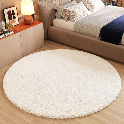 TAPISO Essence Teppich Rund Hochflor Shaggy Felloptik Creme 200 x 200 cm | 100% Polypropylen, 40 mm Florhöhe, gewebt