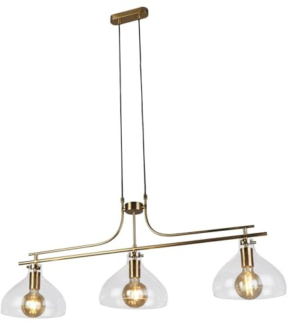 Licht-Erlebnisse Hängelampe 3-flammig B: 110 cm H. max. 1,2 m verstellbar E27 in Messing Klar Glas Metall Vintage Hängeleuchte Wohnzimmer Billardleuchte Esstisch