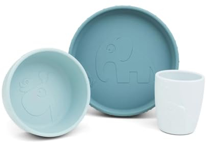 Done by Deer Stick&Stay Geschirr-Set Deer friends Blau - Kinderteller, Schüssel und Trinkbecher aus 100% Silikon in Lebensmittelqualität