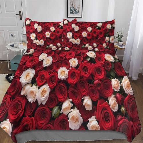 Motif de Roses Housse De Couette avec Taie d'oreiller Parure De Lit pour Toutes Les Saisons Hypoallergénique Microfibre Coton Ensemble Housse Couette King (220x240cm)