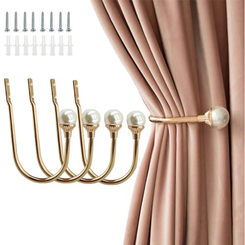 Coolnice 4 Pezzi Ganci Fermatende Decorativi Tenda Ganci Fermatende, a Muro Ganci a U Fermatenda, Perla di Plastica Metallo Supporto, per Soggiorno Camera da Ufficio Sala da Pranzo-Oro