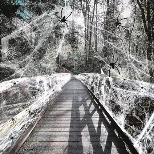 AMLOOPH Spinnennetz Halloween Deko Set, 300g Weiß Dehnbare Spinnweben Halloween Spinnennetz Dekoration Mit 100 Plastik Spinnen für Halloween Deko Gruselig Outdoor Garten Innen Horror Party Dekoration