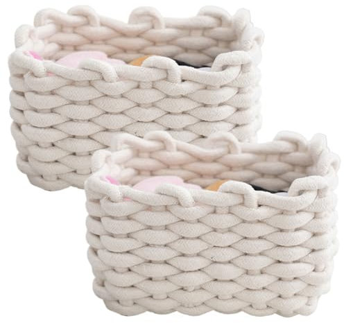 Hperu Cute Baskets 2PCS Cotton Rope Basket, 7.5x5.9x4.7 Cute Baskets, Braided Knitting Basket, Desktop Woven Baskets for Storage Remote Control, Snacks, Make-Up, Socks, Toys White