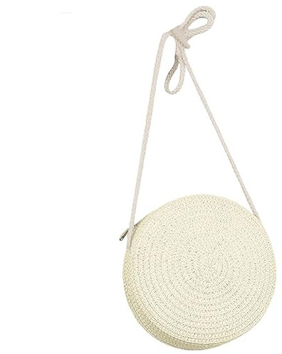 Jamron Handgefertigte Rund Strohtasche Crossbody Umhängetasche Böhmische Strandtasche mit Reißverschluss SN0702152 Groß Weiß