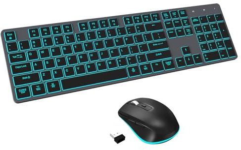Quiet Wireless Keyboard and Mouse Backlit, Rechargeable Silent Flat Keyboard Mouse Combo, Jiggle Mouse, 2.4GHz Cordless Slim Keyboard Mouse for Mac, Windows, PC Computer, Laptop, Desktop (Space Gray)