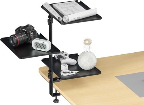 Wotendy 3 Tier Clamp-On Desk Shelf Organizer, Desk Organizer Shelf, Desktop or Under-Desk Adjustable Metal Storage Tray, No Drilling Anti-Slip Above Desk Shelves for Home Office