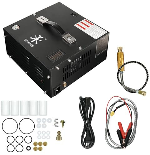 TUXING 4500Psi Pcp Air Compressor,Built-in 110V/220V/12V Power Converter/Large Oil Water Separator,One Button Start, Bursting disc for PCP Rifle/Pistol and Paintball Tank