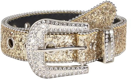 Eterspr Glitter Western Cowboy Style Belt, Rhinestone Belt Luxury, Leder mit Strass Große Schnalle für Jeanskleid, Gürtel für Jeans, Hosen(Gold)