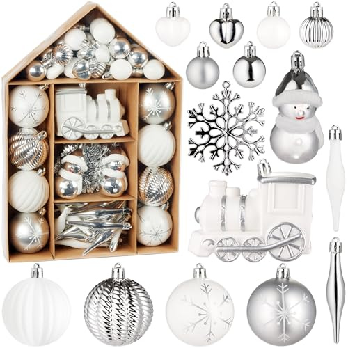 BRUBAKER 70 Stück Christbaumschmuck - Weihnachtskugel Set - Weiß Silber | mit Lokomotive, Schneemänner, Kugeln, Herzen und Schneeflocken - Baumkugel Baumschmuck - Anhänger für Weihnachtsbaum