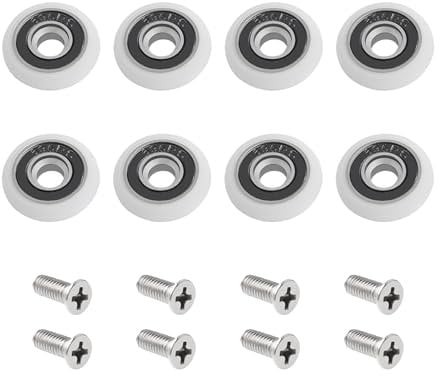 Paquete de 8 rodillos para puerta de ducha con tornillo M5, camino de puerta curvado blanco con piezas de rueda excéntricas, ruedas de ducha y rodillos de repuesto para puertas correderas de vidrio,