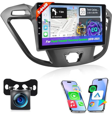 [2G+64G] Android Autoradio für Ford Transit Tourneo Custom 2013-2021 mit Kabelloses Carplay und Android Auto, 9 Zoll HD Touchscreen Autoradio mit GPS/WiFi/Bluetooth/EQ/FM RDS