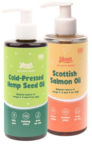 YEARS 100% Pure Salmon Oil for Dogs & Hemp Seed Oil for Dogs Double Pack Rich in Omega 3, 6 & 9 Dog Calming Supplements for Joints Skin & Coat Health - 500ml