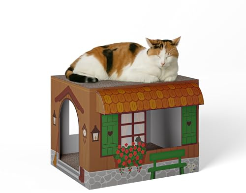 Cat’s Palace Katzenhaus Urige Almhütte – Rückzugsort & Kratzmöbel mit 2 Kratzflächen für Katzen | 45×35×35 cm | Made in Germany
