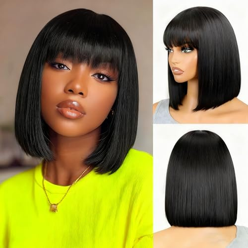 Echthaar Perücke Straight Human Hair Wig with Bang Short Bob Wigs Human Hair with Bang echthaar Perücke Bob With Bangs 10 Zoll