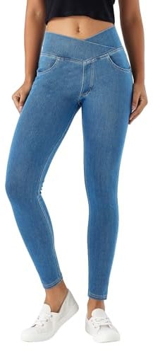 LaiEr V Crossover Skinny Jeans Donna Vita Alta Controllo Pancia Leggings Fitness Casual, Elasticità Morbida Stampa Denim Finto Casual con Tasche Laterali.