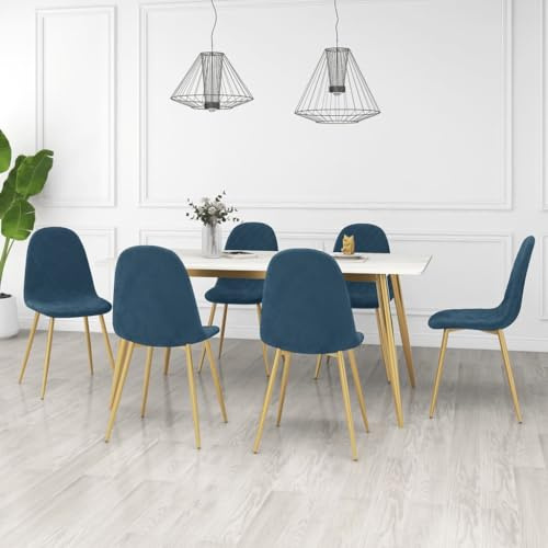 RMIHSJG Lot de 6 chaises de salle à manger en velours bleu avec assise rembourrée et pieds dorés chromés pour un confort d'assise et une stabilité optimaux dans le salon