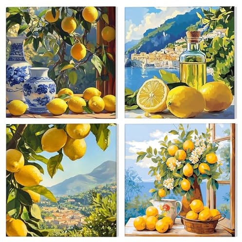 NAIMOER 4 Pack Citron Peinture par Numéros pour Adulte avec Cadre, Citron Peinture au Numéro avec Acrylique Pinceaux Enfants, Paint by Numbers Cadeaux Décoration Maison 20x20cm