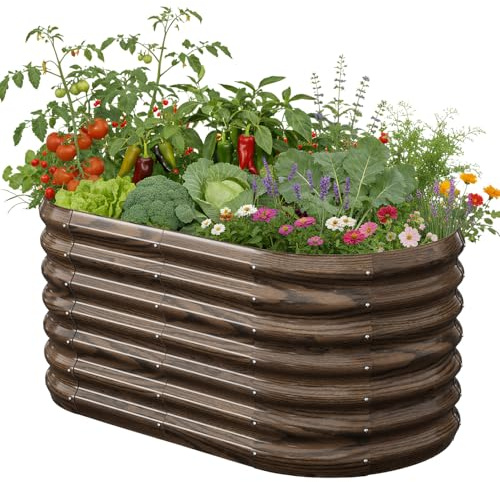 SUNYRISY Hochbeet Metall für Garten, 120x60x60cm Verzinkter Stahl Pflanzkasten Blumenkasten Kräuterbeet Pflanzbeet Blumenbeet Hochbeet-Kit für Garten Balkon Terrasse, Holzfarbe Ellipse