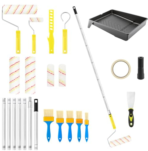 Paint Roller Set 20PCS, Paint Rollers with 210 cm Extension Pole | Stainless Steel Pole, 9 & 4 Microfiber Rollers, 5 Paint Brushes, Paint Tray, Painting Tool Kit for Wall Ceiling Door Shed