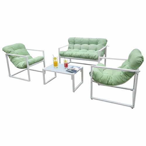 Neo 4 Piece Outdoor Patio Garden Furniture Set Cushions Metal Sofa Loveseat 2 Chairs Glass Coffee Table Balcony Backyard Conservatory (Green)