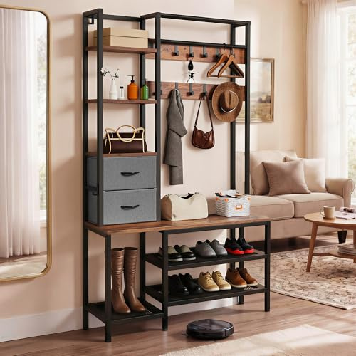 YITAHOME Kleiderständer, Garderobenständer Schuhregal 9 Haken 2 Schubladen | Freistehendes Garderobenmöbel mit 2 Einlegeböden, Flurgarderobe: 2 Stoffschubladen, Schuhablage, Sitzbank, 120x40x180 cm