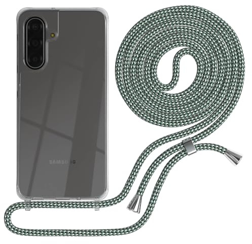 EAZY CASE Handykette kompatibel mit Galaxy A17 Handyhülle mit Umhängeband, Handykordel mit Schutzhülle, Silikonhülle, Hülle Band, Stylische Kette für Smartphones, Hell Grün Camouflage - Clips Silber