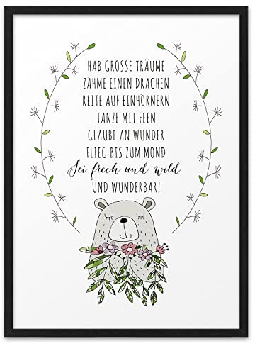 BÄR GROSSE TRÄUME | ABOUKI Kunstdruck | Bilder Kinderzimmer Deko Poster Kinderzimmer Bilder Jungen Mädchen Wandbilder Babyzimmer Kinder Kinderbilder Tierbilder | Optional Personalisiert