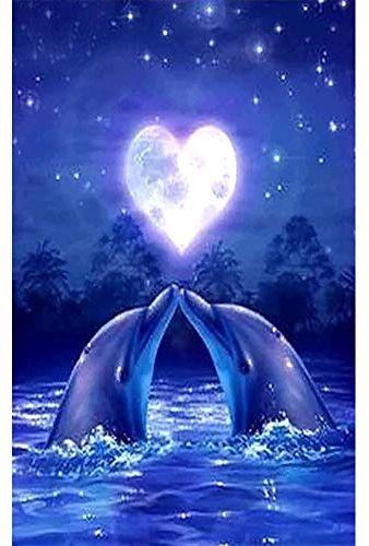 5D Diamond Painting Diamant Malerei Painting Bilder, Wowdecor Blau Delphin Kuss Meer Mond Tiere Full Set Groß DIY Diamant Gemälde Malen Nach Zahlen