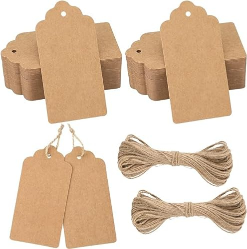 jijAcraft 200 Stück Geschenkanhänger Groß Kraftpapier Anhänger Etiketten 5 x 10 CM, Anhängeetiketten mit Juteschnur, für Geschenkverpackung, Lesezeichen, Hochzeit, Weihnachten (Braun)