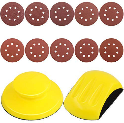 Swpeet 62Pcs 10 Sizes 5 Inch 8 Hole Sanding Discs Sandpaper Hook and Loop Pads with Round and Mouse-Shaped Hand Sanding Blocks for Circular Sander Grits - 40/60/80/100/120/180/240/320/400/800 Grits