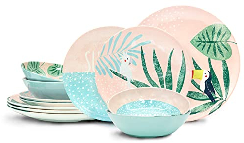Zak Designs Juego de vajilla para interiores y exteriores, 12 piezas de platos y cuencos de plástico de melamina para cenar con la familia (estampados de verano tropicales rosas)
