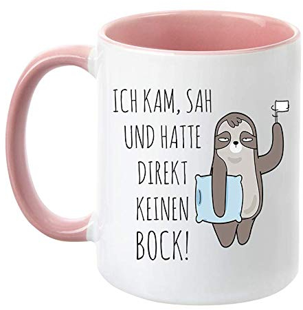 TassenTicker - Ich kam, SAH und Hatte direkt keinen Bock - lustig - beidseitig Bedruckt - Faultier - Geschenk - Geschenkidee - Kaffeetasse (Rosa)