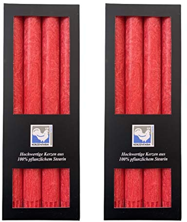 Kerzenfarm Hahn 8 Stearin-Stabkerzen - 8er Set (2x4 STK.) 22 x 250 mm | Rot - pflanzliche Tafelkerzen Echtwachs