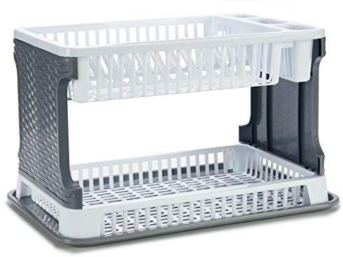 TIENDA EURASIA® Escurreplatos de Plastico - Escurridor de Platos 2 Alturas con Bandeja - Textura Ratan - Gran Capacidad y Resistencia - 30,3 x 8,5 x 44,5 cm (Blanco)