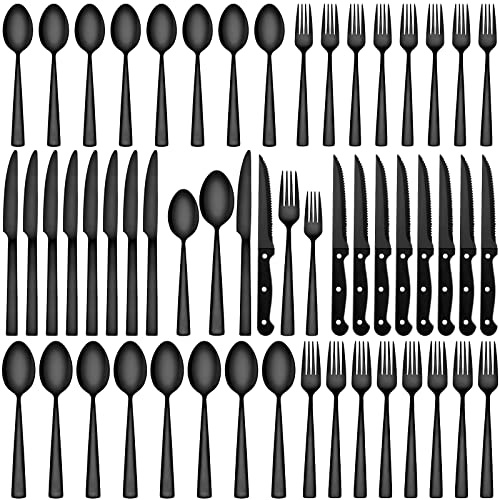 CEKEE - Juego de cubiertos de acero inoxidable negro de 72 piezas, juego de cubiertos para el hogar y restaurante, juego de cucharas de tenedor y cuchillo de primera calidad con cuchillos de carne,