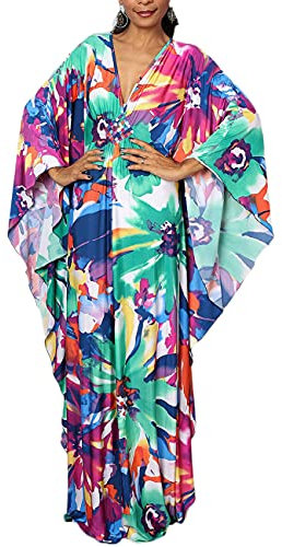 Bsubseach Plus Size Caftan Dresses for Women Swimsuit Cover Up Batwing Sleeve Summer Maxi Kaftan Dress Multicolor Floral Print