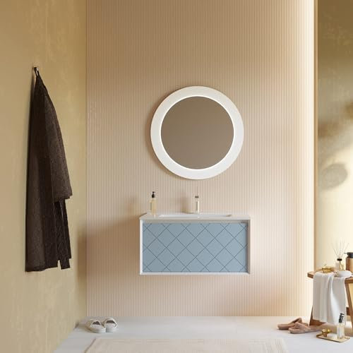 Kiamami Valentina - Meuble DE Salle DE Bain 80 CM Bleu Clair Mat avec LAVABO ET Miroir Rond 75 CM | Miami