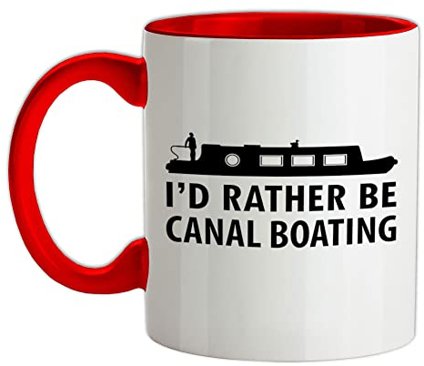 I'd Rather Be Canal Boating - 11oz - Ceramic Two-Tone Mug for Coffee/Tea - Red/White - One Size