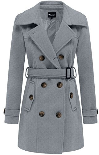 Wantdo Damen Winterdicke Jacken Warme Winddicht Jacke Wollmischung Erbsenmäntel Zweireihige Mittellange Mäntel Slim Fit Cabanjacke mit Schulterklappen Grau 42